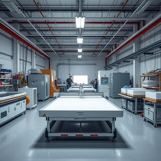 Clean, well-lit factory floor with foam cutting