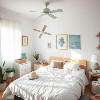 Bedroom scene with ceiling fan and breathable cover
